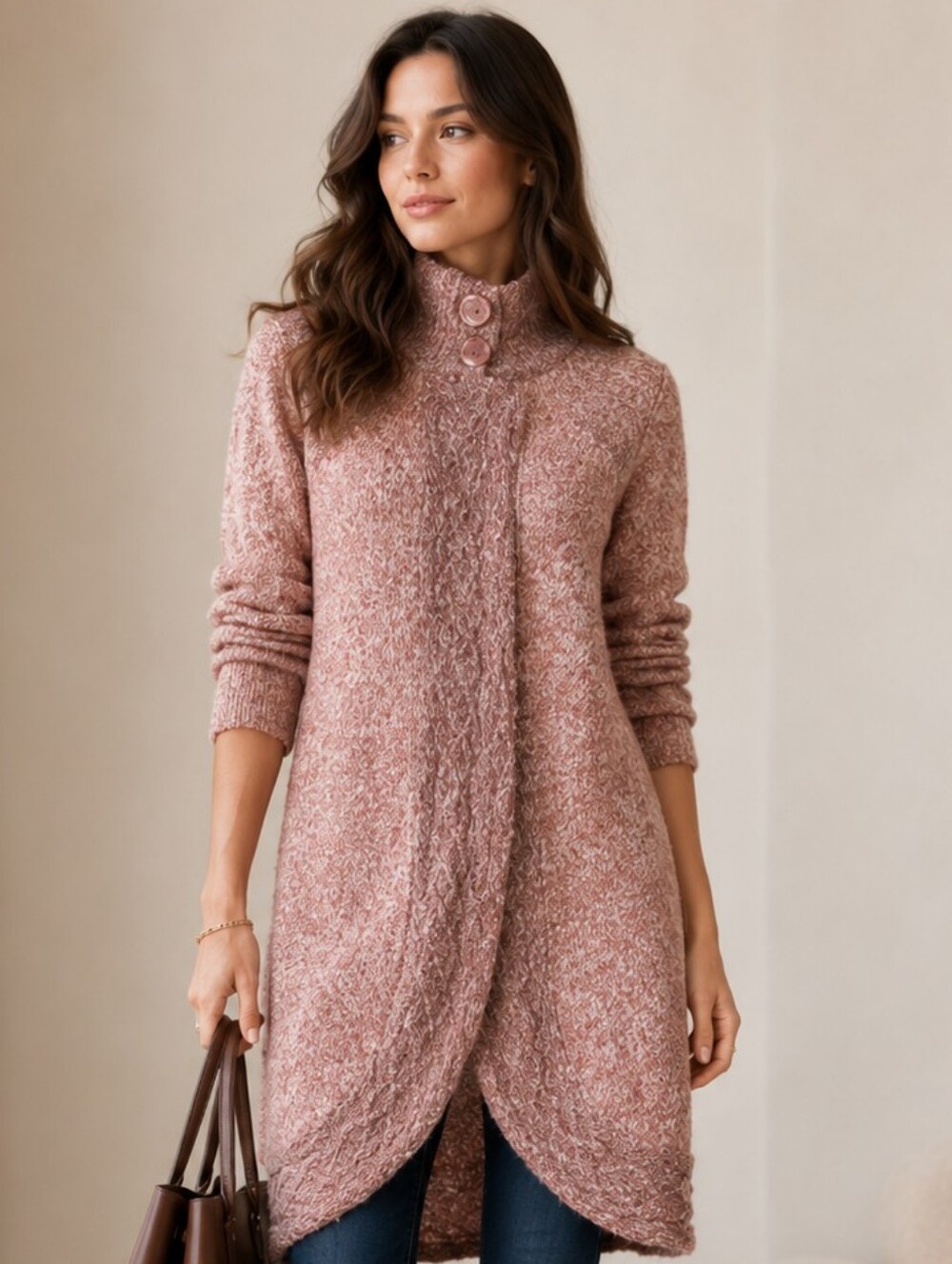 prAna Angelica Marled Knit Sweater Coat Pink Button Front Duster Cardigan Small